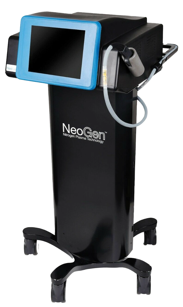 NeoGen nitrogen plasma skin resurfacing device with touchscreen and handheld applicator on wheeled black cart